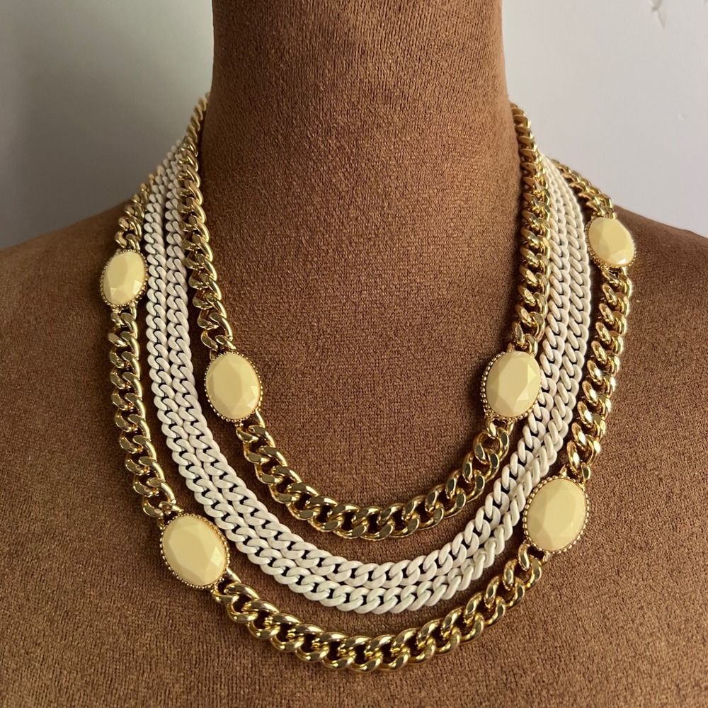 Vintage Gold White Chunky Layered Statement Necklace 18-21" Adjustable Mob Wife